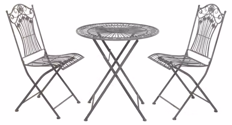 Set da bistrot Moritz pieghevole, 3 pezzi, grigio antico - Set di mobili da giardino in metallo - Tavolo pieghevole Ø 69,5 cm con 2 sedie pieghevoli - Set da giardino in stile vintage per terrazza