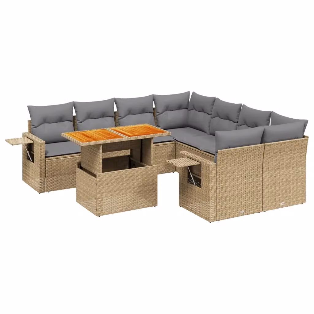 vidaXL Set Divano da Giardino a L in Polyrattan con Cuscini Beige e Tavolino, 9 Pezzi – 2