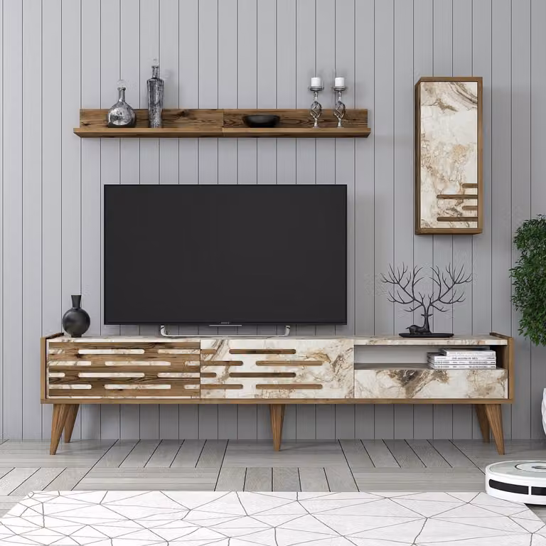 Skye Decor, Valensiya - Noce, Bianco, Marmo, Mobile TV, Noce, 100% PANNELLI DI PARTICELLE RIVESTITI IN MELAMMINA, 180 x 45 x 35 cm