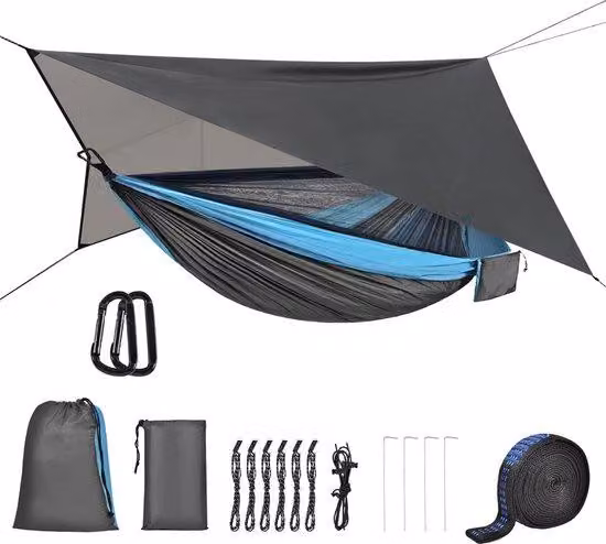 Materasso gonfiabile con zanzariera a forma di farfalla e tettuccio per la tenda, avventura, attività all'aperto, materasso gonfiabile, portata massima 200 kg, leggero, traspirante, ideale per avventure, escursioni, viaggi, 290 cm x 140 cm, blu-grigio.