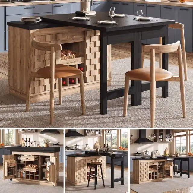 Isola da cucina girevole a 360° e credenza laterale 120-197 cm, ante patchwork, portabottiglie estraibile e cassetti, 2 colori (rovere chiaro/nero)