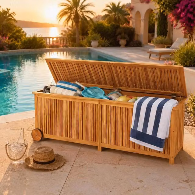 Outdoor Storage Box, Solid Acacia Wood Garden Bench With Wheels, Large Patio Furniture Cushion Organizer, Zippered Liner For Moisture Protection, 150x50x58 Cm