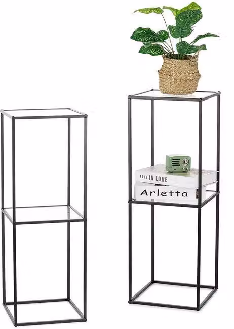 Set composto da 2 vasi da fiori in metallo con ripiani in acrilico per una decorazione di classe