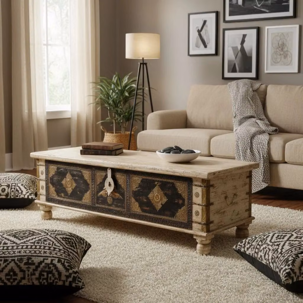 Baule etnico in legno di mango WANDERLUST DECO decorazione floreale beige, nero e oro L: 150 cm, P: 45 cm, H: 45 cm – 2