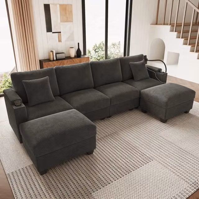 Divano panoramico modulare MIVRAY in velluto a coste grigio con funzione letto, poggiapiedi, porta bicchieri e ricarica USB, forma a U L: 275.5 cm, P: 139 cm, H: 87 cm – 1
