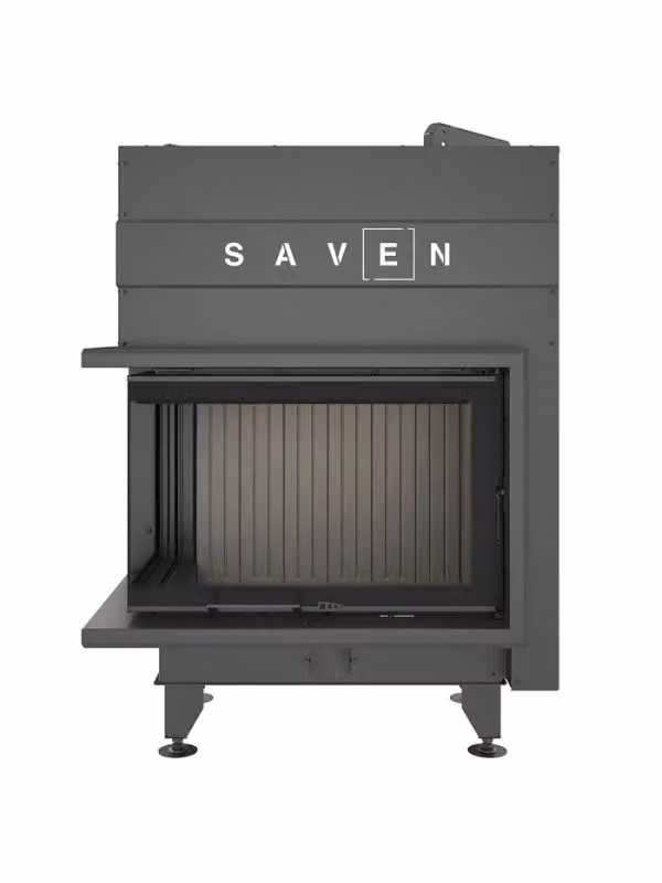 Caminetto ad angolo Outinfire Energy Up Nero con apertura a sinistra, inserto in acciaio per legna da 15,1 kW, L: 75 cm, P: 50 cm, H: 47 cm – 2