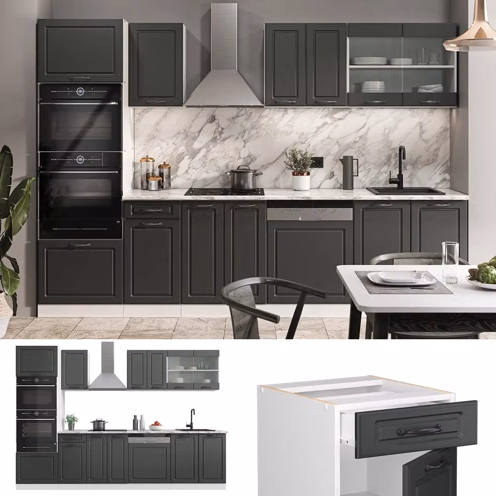 Cucina componibile Vicco R-Line Antracite e Bianco con armadio alto, larghezza: 300 cm – 2