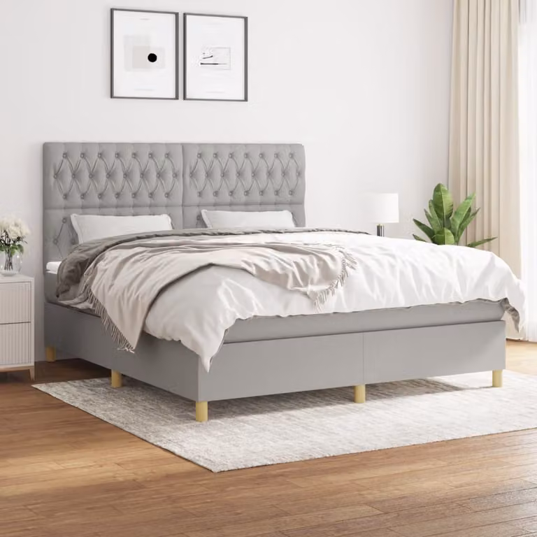 The Living Store Letto a molle con materasso grigio chiaro 180x200 cm in tessuto