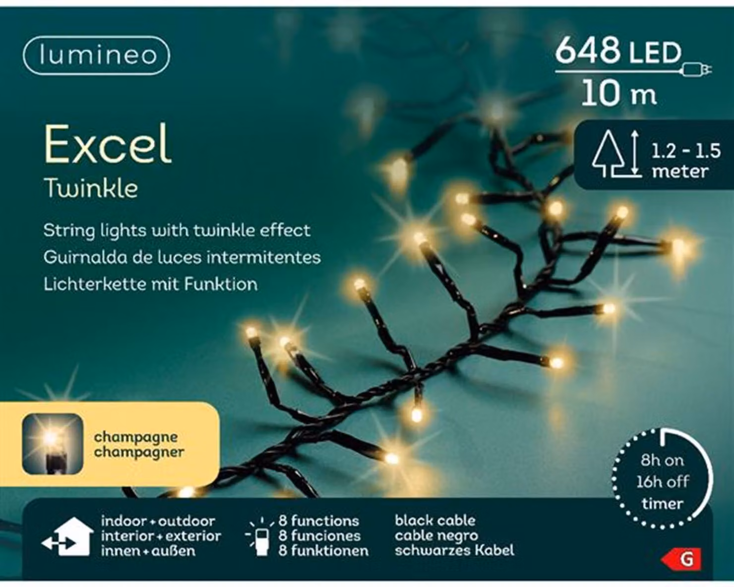 Lumineo Catena luminosa a LED Excellent Twinkle nera 10 metri 648 luci - oro tenue