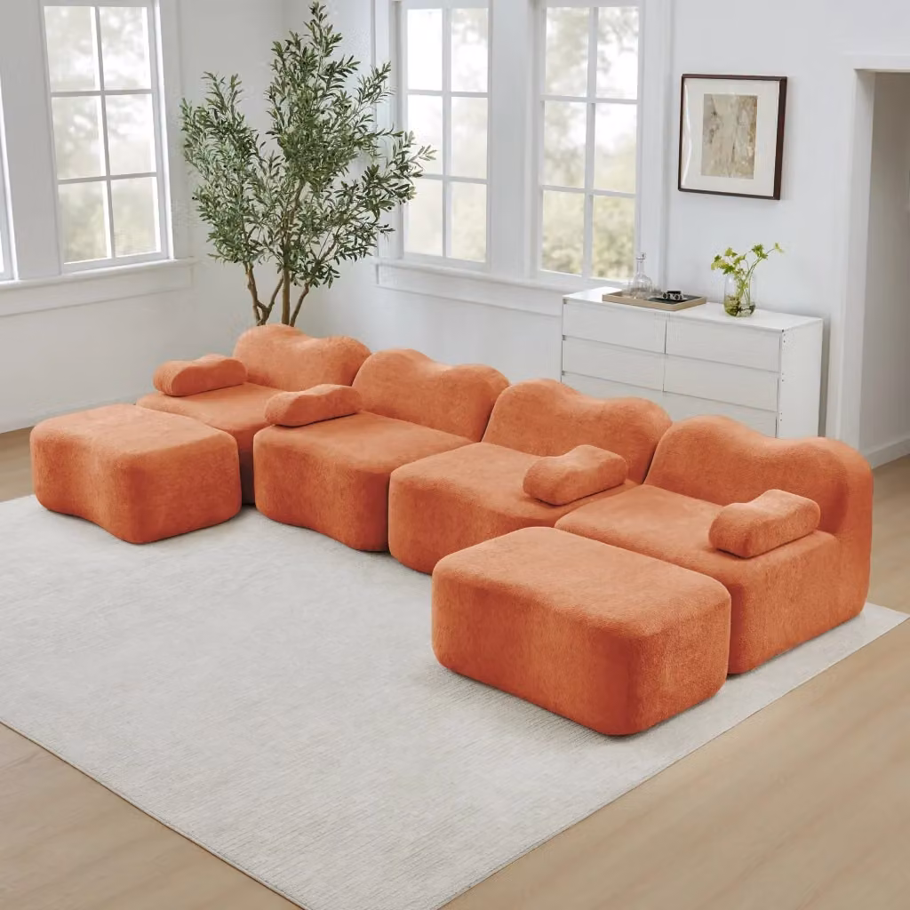 Divano angolare modulare a U da 4 posti in velluto arancione con 2 pouf coordinati e imbottitura in schiuma – 2