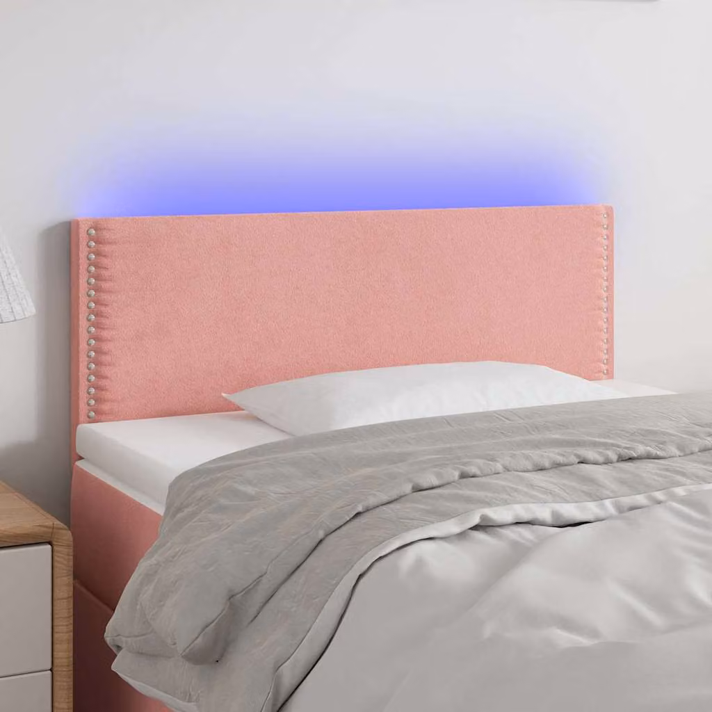 Testiera per letto vidaXL in velluto rosa con illuminazione LED integrata e porta di ricarica USB, L 100 cm, P 5 cm, H 78-88 cm