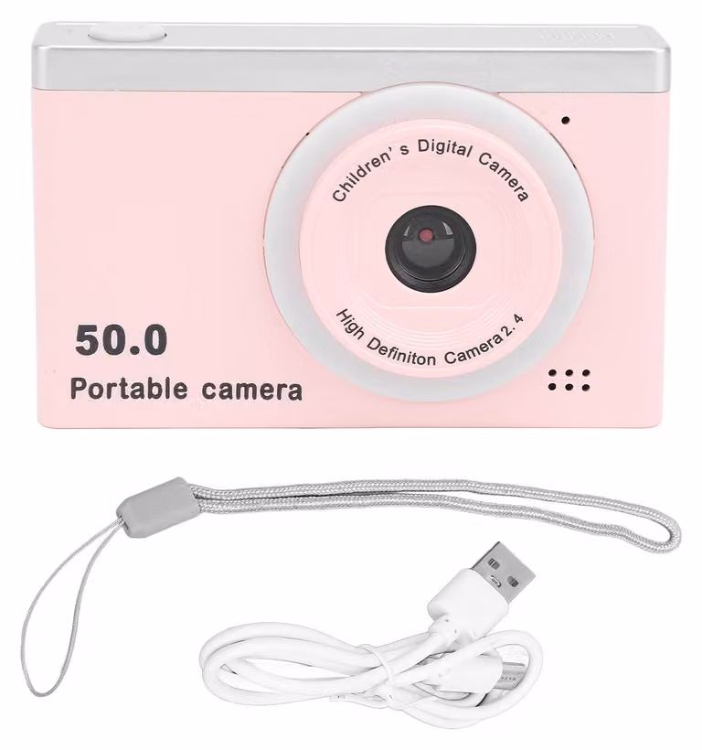 Fotocamera digitale HD, 50 MP, 1080p, zoom ottico, portatile, fotocamera anteriore e posteriore, doppia fotocamera con filtri per la fotografia dei bambini, rosa