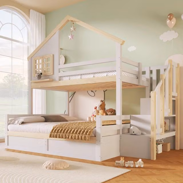 Letto a castello 90x200 cm e 140x200 cm con contenitore idraulico in pino e MDF bianco e colore naturale