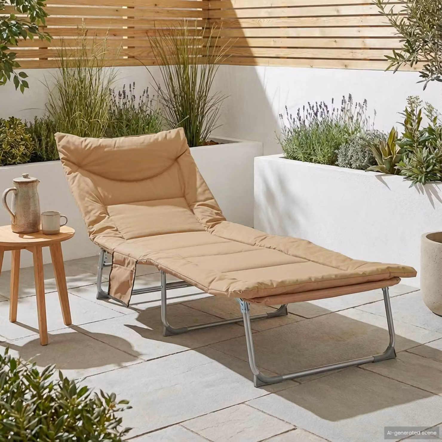 vidaXL Lettino prendisole pieghevole con cuscino beige e struttura in acciaio verniciato L: 120 cm, P: 65 cm, H: 37 cm