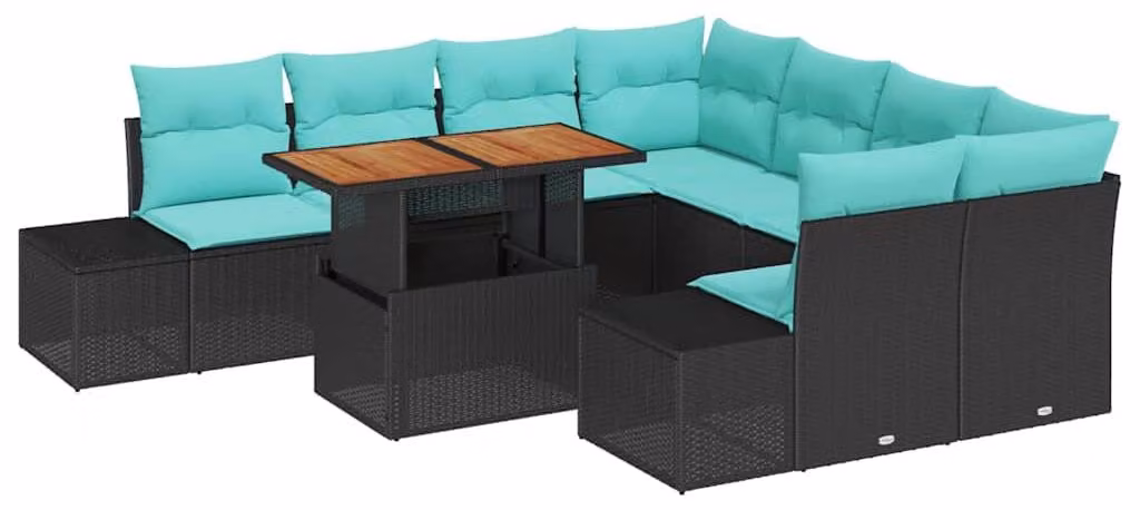 Set da giardino composto da 9 pezzi, colore nero, realizzato in rattan sintetico