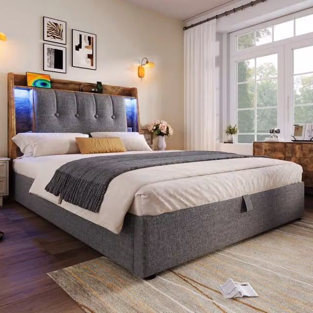 Letto singolo imbottito 90 × 200 cm con vano contenitore USB e USB-C LED in lino grigio con testiera