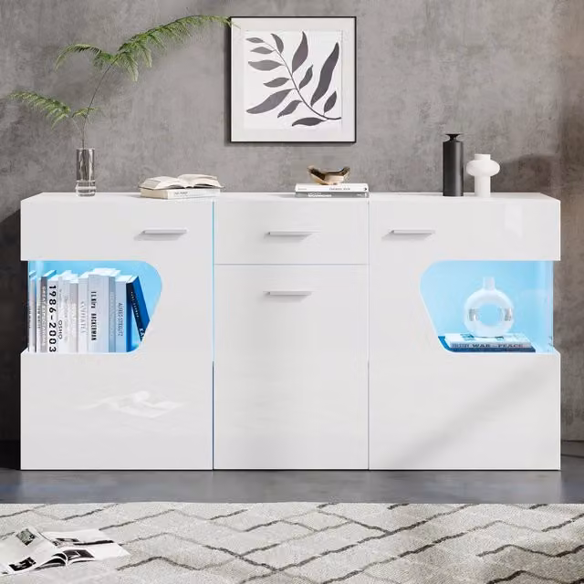 Madia moderna bianca con 3 ante, vetrine in vetro di sicurezza e illuminazione LED, L: 140 cm, P: 33 cm, H: 70 cm