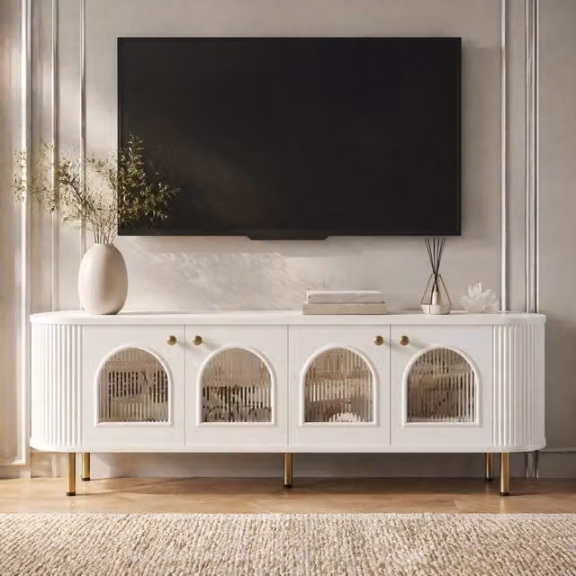 Mobile porta TV con 4 ante in vetro 170x35x55 cm in MDF bianco e oro