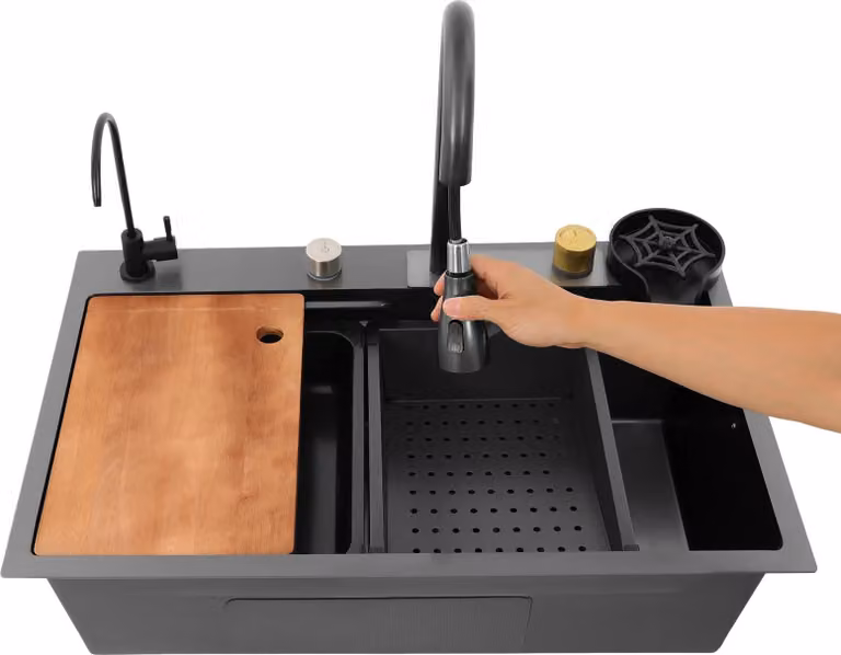 Lavello in acciaio inox - vasca singola 75×45×21 cm - miscelatore a cascata, 30 cm estraibile, tagliere, lavavetro, lucido, installazione da appoggio/ad incasso - grigio chiaro