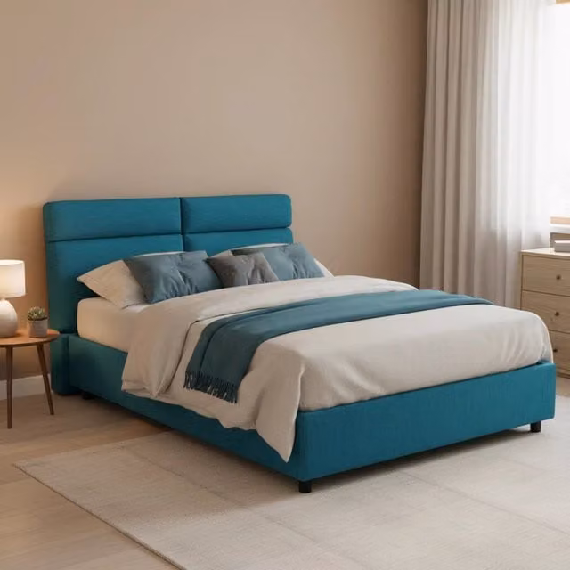 Letto Matrimoniale DMORA Ator con Contenitore a Sollevamento, Rivestimento in Tessuto Azzurro e Nero, L 160 x P 200 cm – 1
