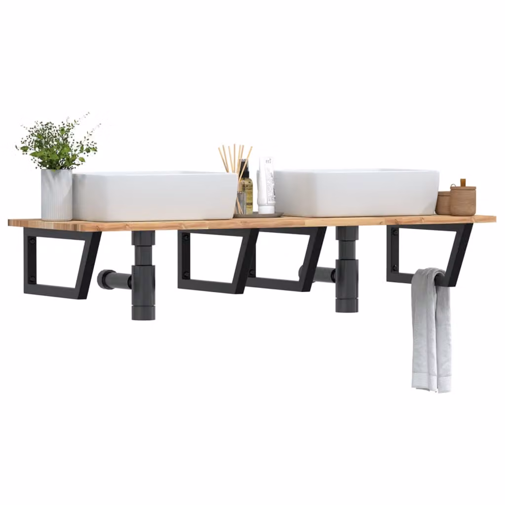 vidaXL Ripiano a Parete per Lavabo in Acciaio e Legno di Acacia, Nero e Marrone, L: 120 cm, P: 50 cm, H: 22 cm
