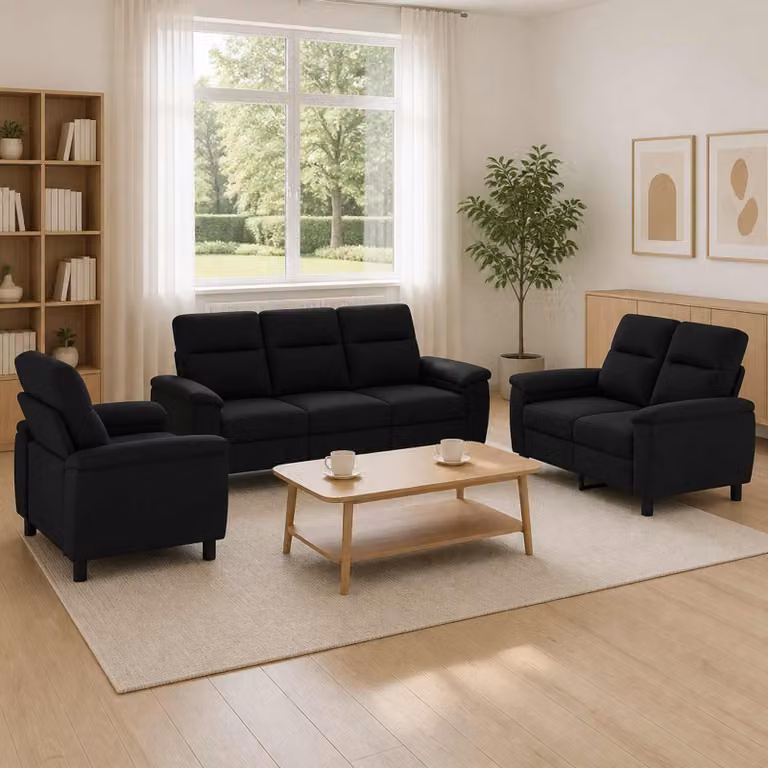 Set di 3 divani moderni vidaXL in tessuto nero con struttura in metallo per il tuo soggiorno