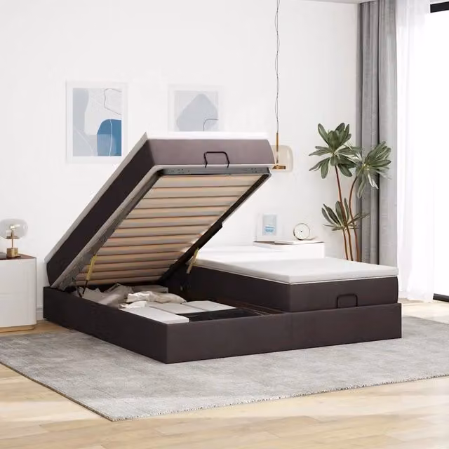 Letto con contenitore a sollevamento vidaXL in tessuto marrone e bianco L/P: 200 x 200 cm – 1
