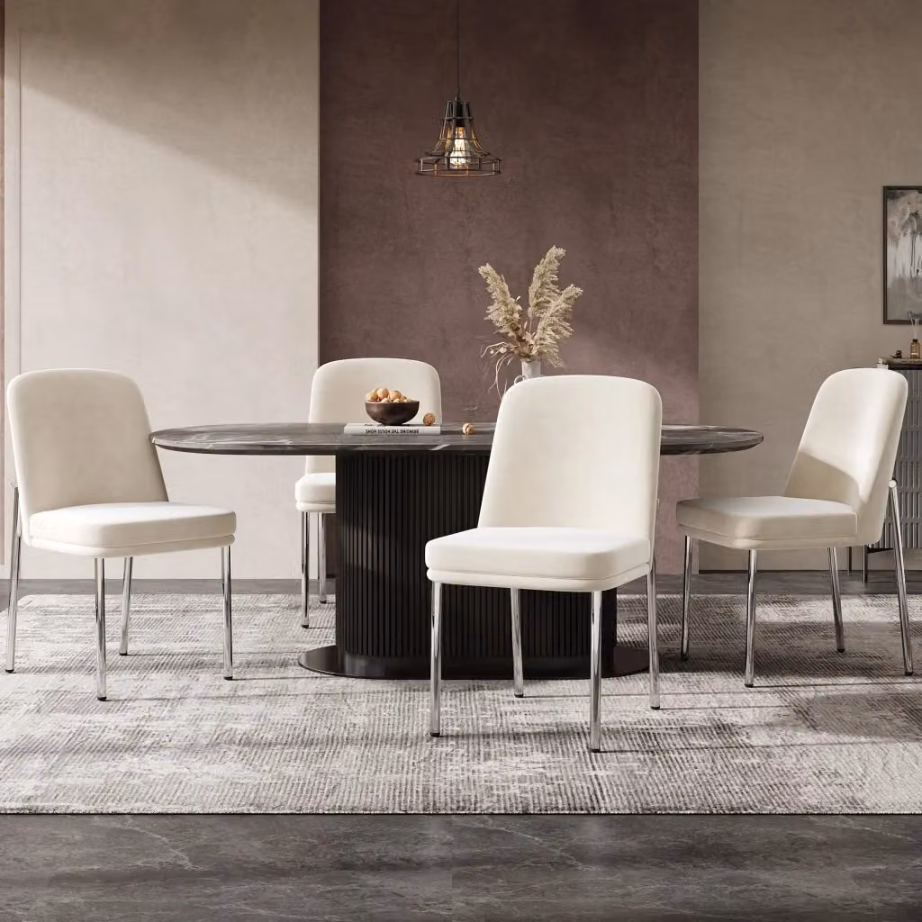 Set di 4 sedie da sala da pranzo OKWISH in velluto beige con cuscino imbottito e gambe in metallo, design moderno minimalista – 2