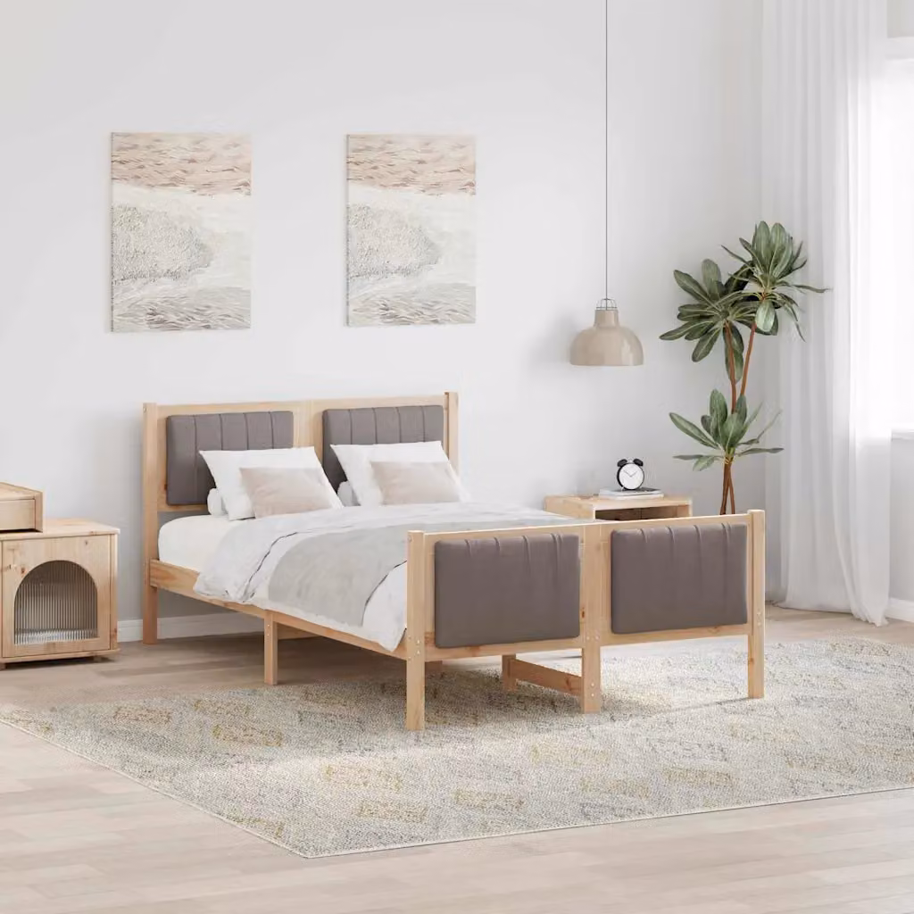 Struttura del letto moderna vidaXL con testiera imbottita in tessuto e legno di pino, colore marrone e beige, L 120 x P 200 cm – 1