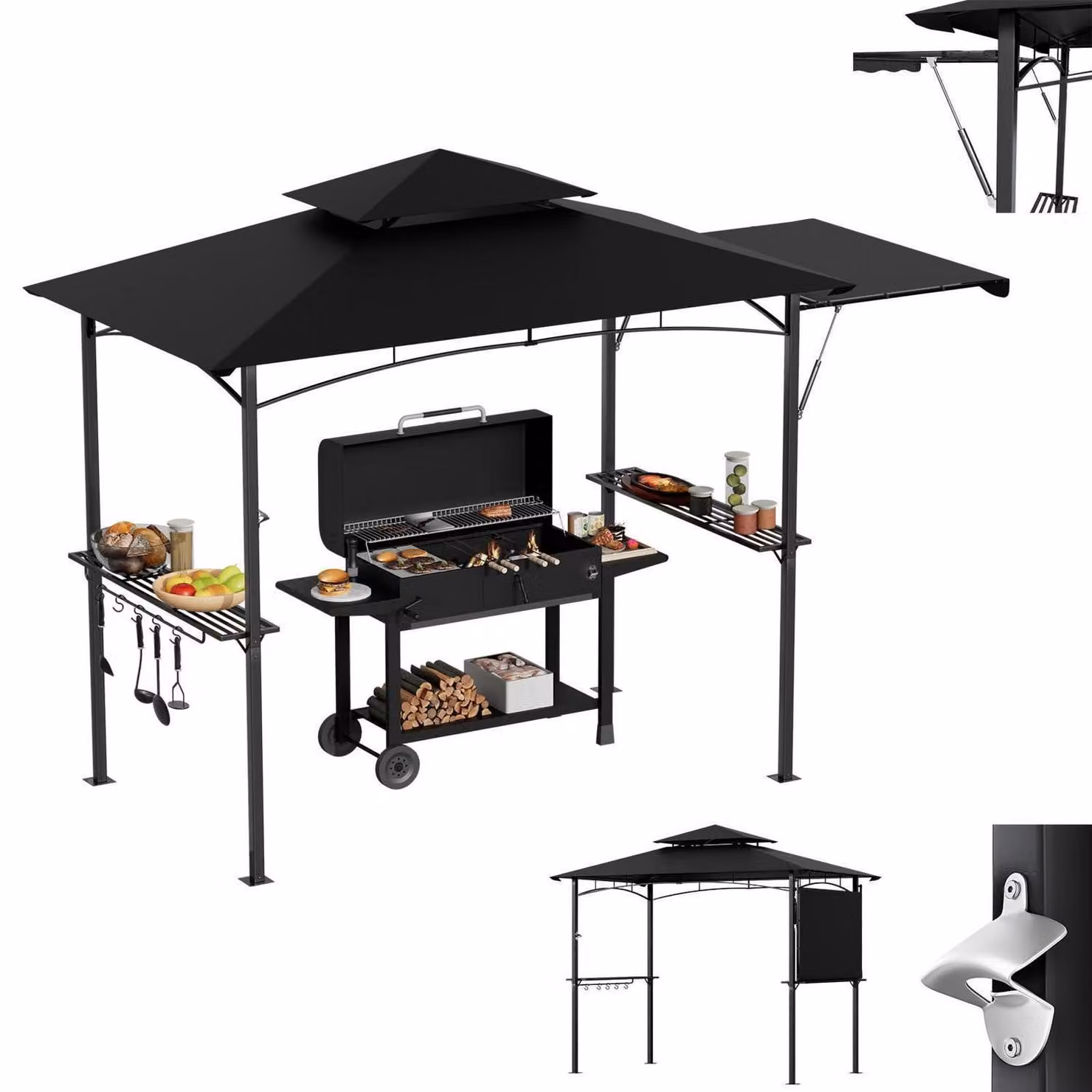Gazebo per barbecue con tenda laterale, tetto a doppia falda, resistente alle intemperie, in acciaio nero, con ripiani e ganci