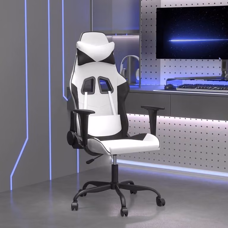 Sedia da Gaming vidaXL in Similpelle Bianco e Nero con Poggiatesta e Ruote
