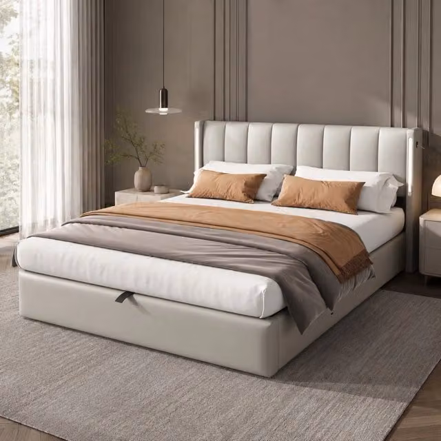 Letto ULEVR 140x190 cm con vano contenitore, LED, porta USB e regolazione dell¡¯angolo, grigio