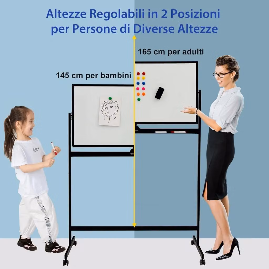 Lavagna Bianca Magnetica Doppia Costway con Ruote, Regolabile in Altezza, Colore Nero, L: 126 cm, P: 20 cm, H: 145/165 cm – 2