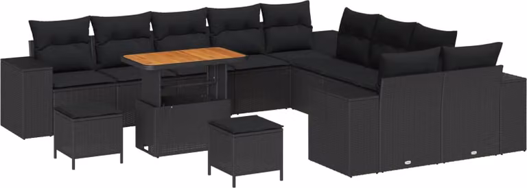 Set Divano da Giardino con cuscino 13 pcs Nero polyrattan