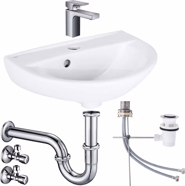 Set completo per lavabo Rosmarin da 45 cm con rubinetteria Hansgrohe, gruppo di scarico, sifone e valvola ad angolo Schell