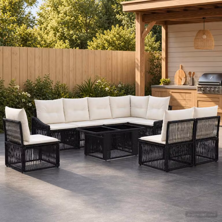 vidaXL Set Divano da Giardino 9 pz in Polyrattan Nero e Bianco Crema con Cuscini e Tavolino