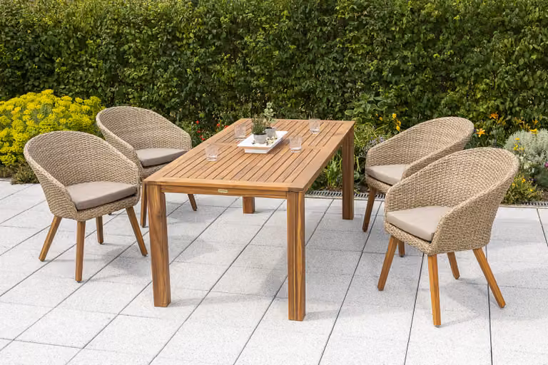 Set di mobili da giardino Merxx "Arrone" 5 pezzi - Struttura in alluminio con intreccio in plastica color canna/naturale e acacia, cuscini inclusi - 50437-255