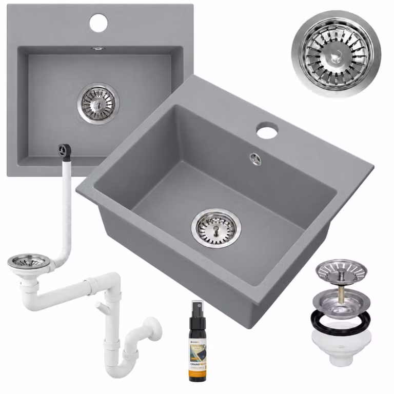 Granitan - Lavello in granito - Lavandino 45x42 cm - Lavello cucina grigio - con miscelatore - MILOS