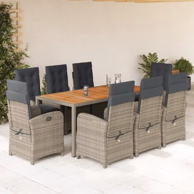 Set da pranzo da giardino vidaXL in polyrattan e legno di acacia con piano in vetro, 9 pezzi, grigio e marrone
