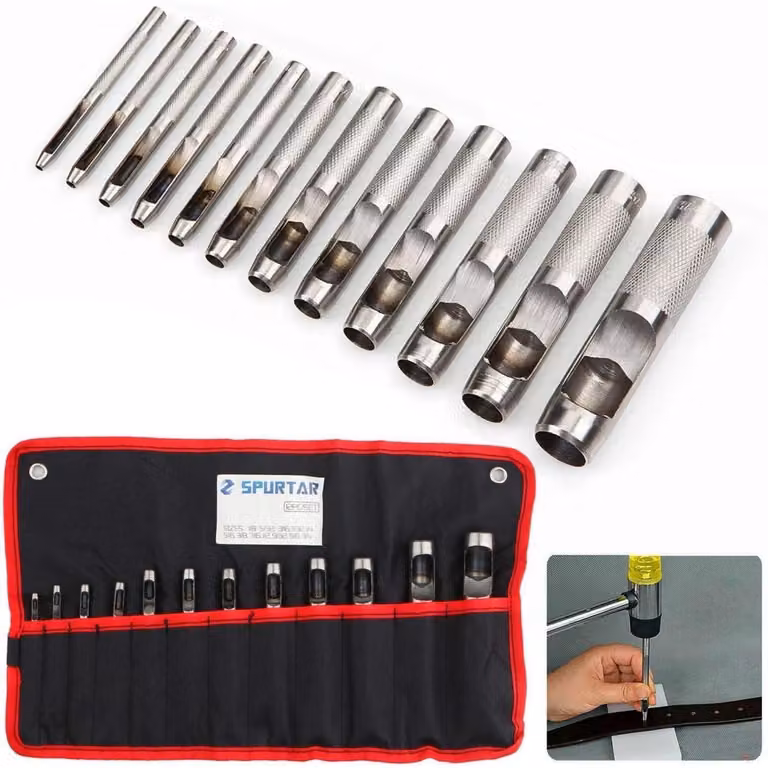 Set di 12 punzoni per fori rotondi in acciaio, da 3 a 19 mm, per la perforazione di pelle, cinture, tessuto, carta, guarnizioni, tela - colore nero argento
