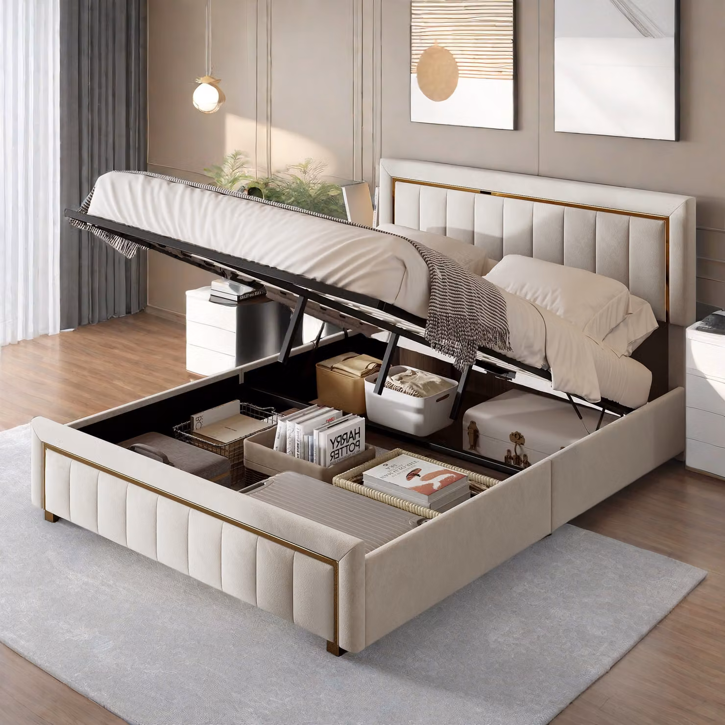 Letto imbottito ProximaX, letto a molle idrauliche 160x200cm con rete a doghe e contenitore, letto matrimoniale in legno letto per ragazzi in Pelle finta, beige