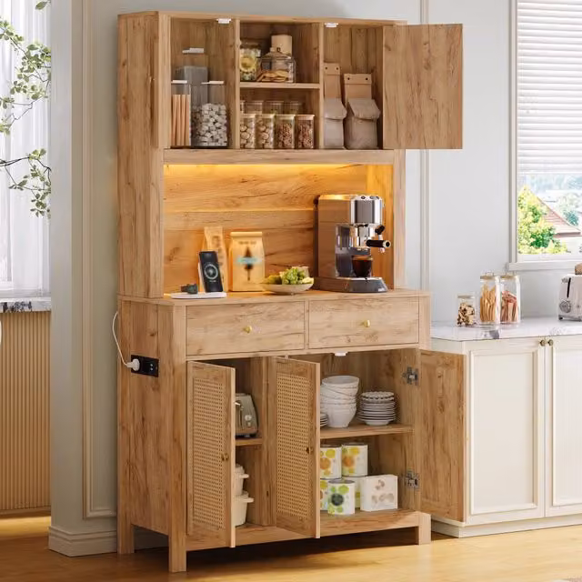 Desviae Dispensa alta 5 ante in rattan LED RGB prese integrate MDF naturale 2 cassetti per cucina 100 × 40 × 180 cm