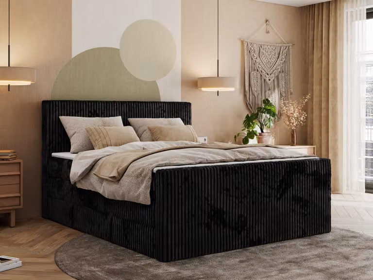 Letto boxspring con contenitore Tiliano King Duo 180x200cm Materasso a 7 zone H3 - Comfort foam, Nero - tessuto a coste
