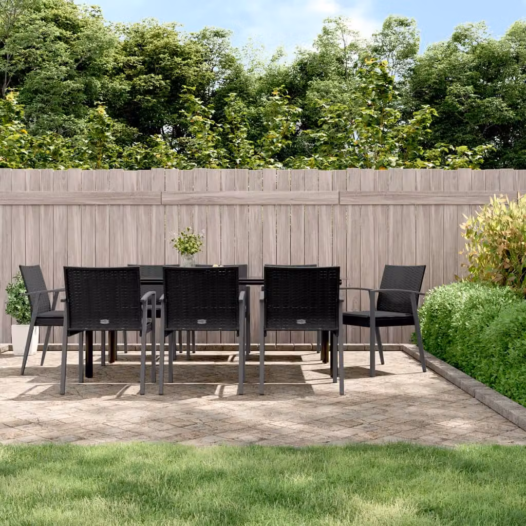 Set Pranzo da Giardino vidaXL in Polyrattan e Acciaio con Cuscini, 9 Pezzi, Nero e Grigio