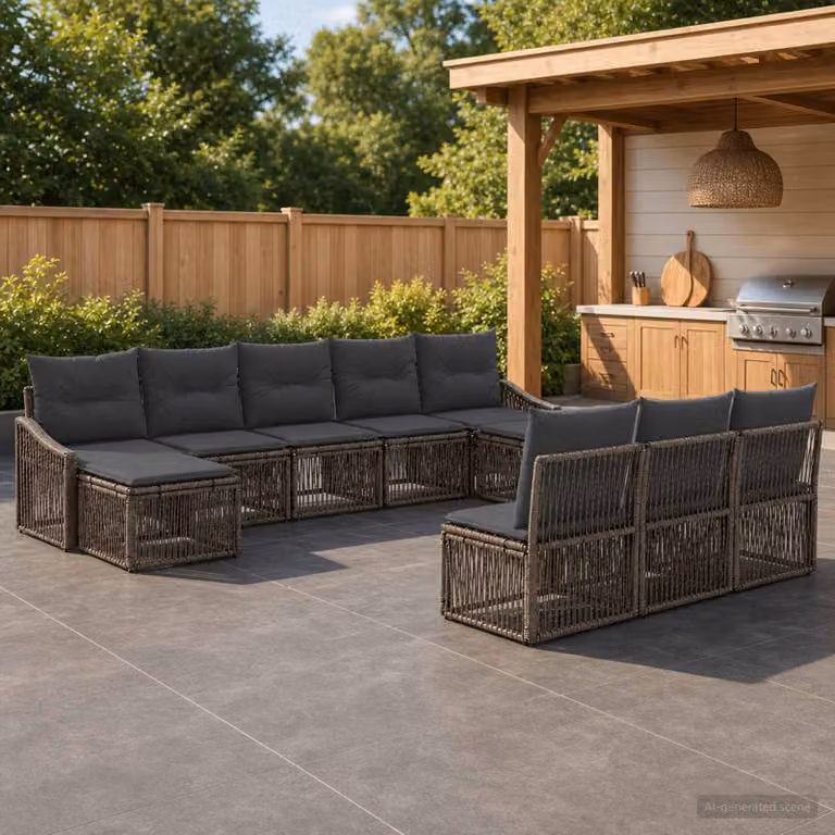Set Divano da Giardino vidaXL 10 Pezzi a Forma di U in Polyrattan Grigio con Cuscini e Struttura in Acciaio