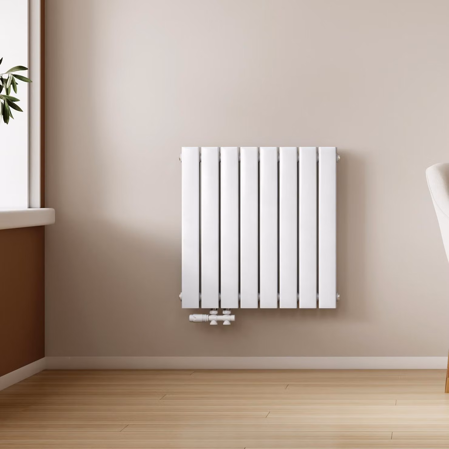 EMKE Radiatore orizzontale, radiatore a pannello di design 630x620mm bianco a doppio strato con collegamento laterale piatto, 826W senza elemento riscaldante