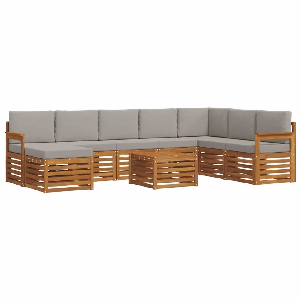 Set di divani da esterno vidaXL in legno di acacia con cuscini grigi, composizione a L con 9 pezzi inclusi tavolo da caffè e pouf – 2