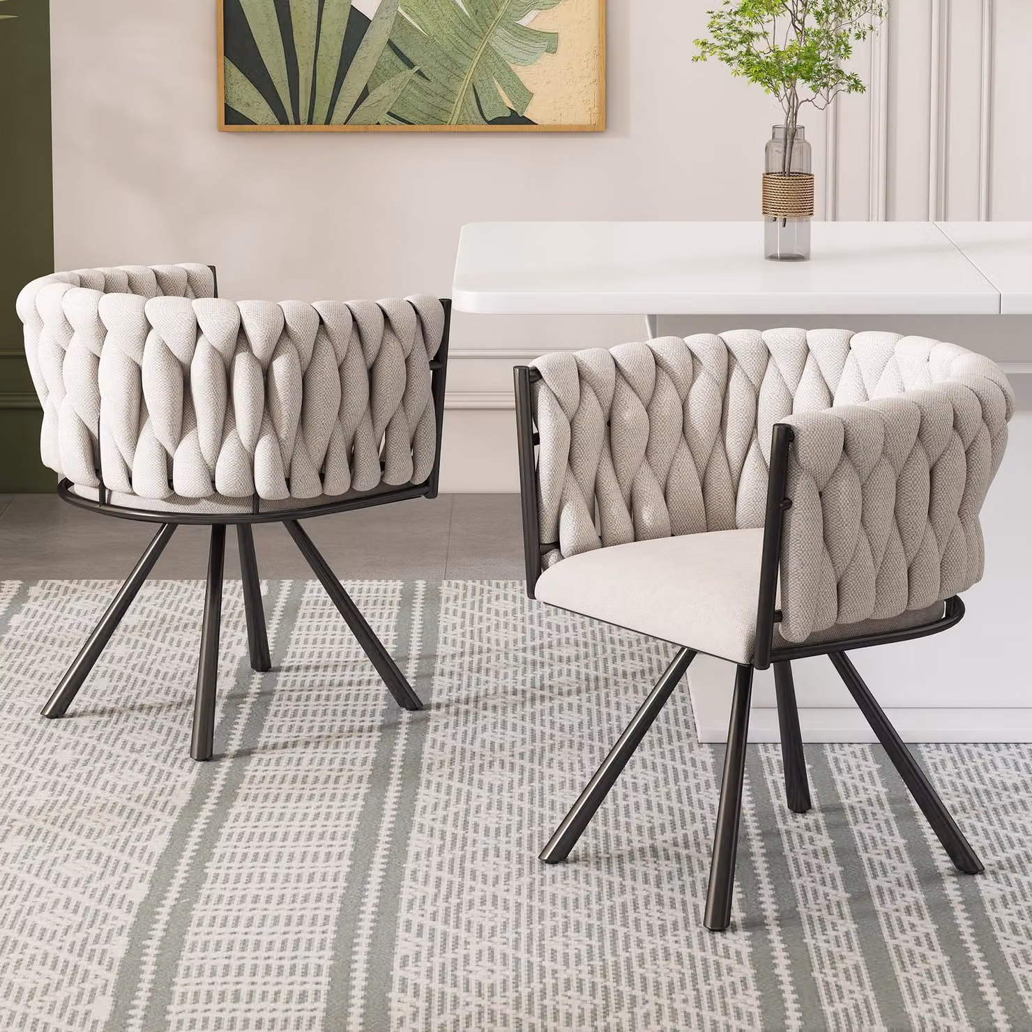 Sedia da pranzo Sweiko in lino, set di 2, sedia girevole singola per soggiorno/camera da letto, sedia girevole per il tempo libero con quattro gambe di supporto in metallo, beige lino e nero