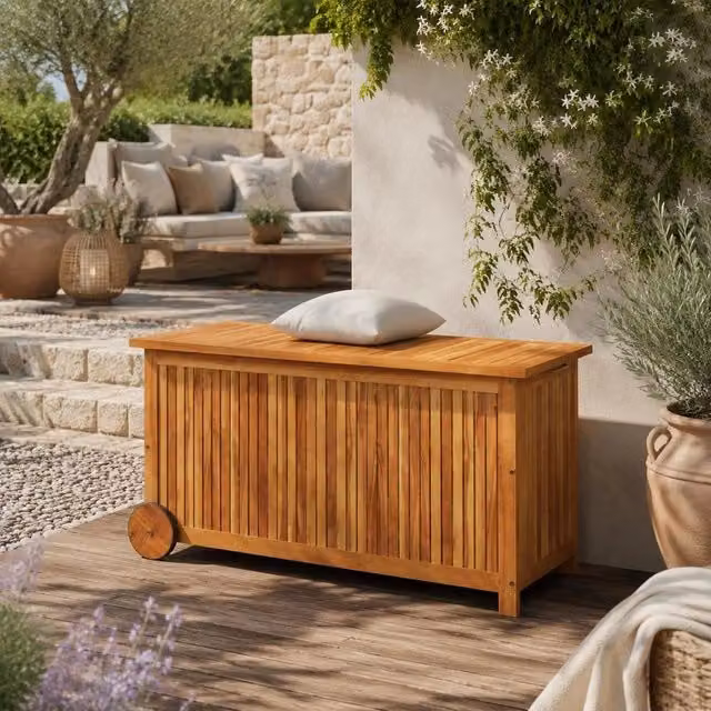 Outdoor Storage Bench Solid Acacia Wood With Wheels, Patio Garden Seat Box For Cushions Tools, Movable Deck Organizer Furniture, Sturdy Durable Seating, 113x50x58 Cm