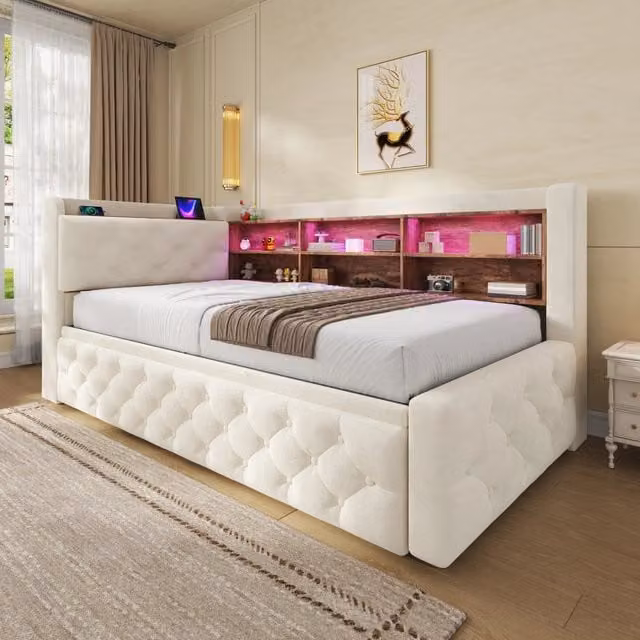 Divano letto estraibile Mivray in velluto beige con vano contenitore, illuminazione LED e porte USB/Type-C, dimensioni 90 x 190 cm